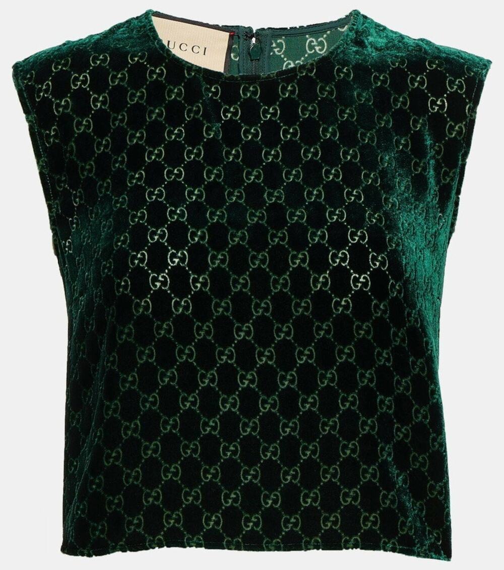 Gucci GG Velvet Devoré Crop Top Dark Green Size 36 NWT $1,100